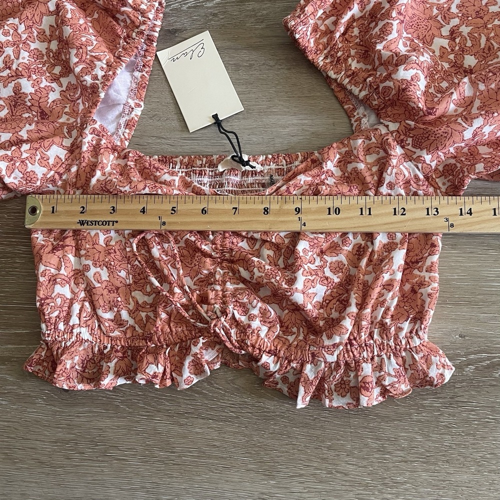 Elan Puff Sleeve Crop Top Medium Salmon Cinched Smocking Tie Front Blouse NWT - Picture 9 of 10
